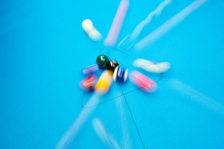 Long exposure pool billiards eight ball break shot
