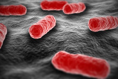 Red colored salmonella bacterium microscopic view on surface illustration