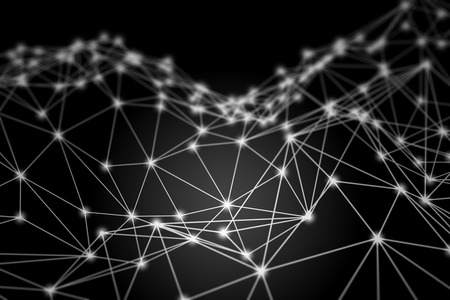 White glowing 3D low poly wireframe mesh on black background - network or cyber internet concept