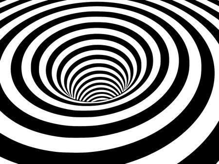 Abstract black and white striped optical illusion three dimensional geometrical wormhole shape pattern illustrationの写真素材