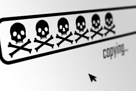 Download or copy progress bar made from skulls in web browser display with mouse cursor - software piracy, virus code or private data phishing conceptの写真素材