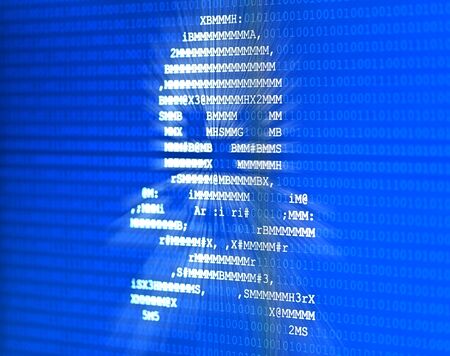 Skull with bones made from letters on blue binary code overlay background on computer screen display - software piracy, computer virus or internet hacking conceptの写真素材