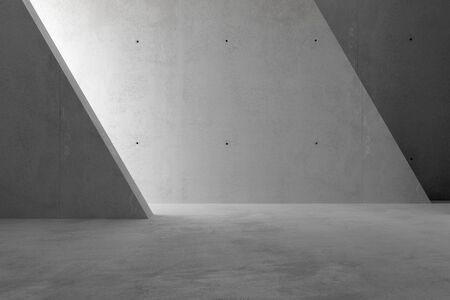 Abstract empty, modern concrete room with sidelit back triangle wall and rough floor - industrial interior background template, 3D illustrationの写真素材