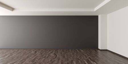 Empty modern room with dark grey walll  in the back and shiny brown wooden floor - home interieur...