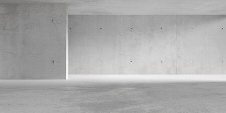 Abstract empty, modern concrete room with indirect lighting from side wall and rough floor - industrial interior background template, 3D illustrationの写真素材