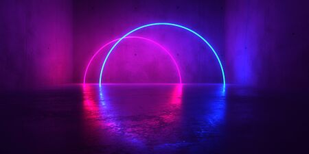 Abstract blue and red glowing neon light circles in empty concrete room with shiny reflective floor...