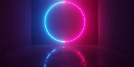 Abstract blue and red glowing neon light circle in empty concrete room with shiny reflective floor - 3D illustrationの写真素材
