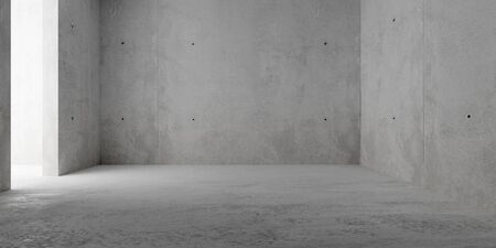 Abstract empty, modern concrete room with indirect lighting from side wall and rough floor -...