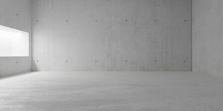 Abstract empty, modern concrete room with indirect lighting from side wall recess and rough floor - industrial interior background template, 3D illustrationの写真素材