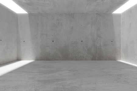 Abstract empty, modern concrete room with light from ceiling and rough floor - industrial interior background template, 3D illustrationの写真素材
