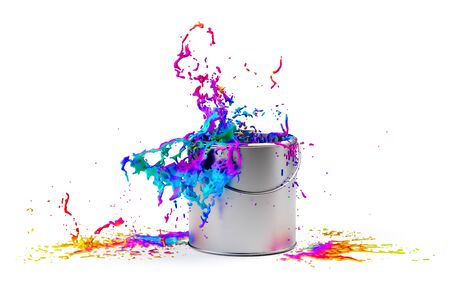 Rainbow colored paint splashing from silver shiny paint bucket on to white background - 3D illustrationの写真素材