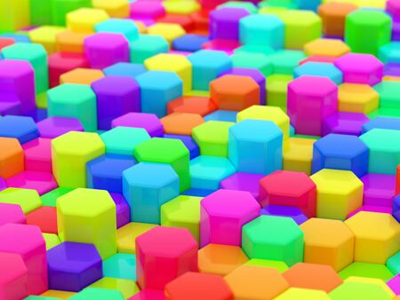 Colorful spectrum rainbow hexagon honeycomb geometrical background texture - 3D illustration