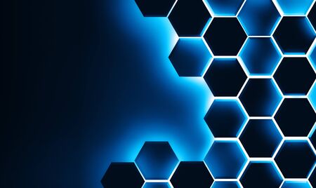 Abstract, modern dark black hexagon honeycomb background pattern texture with blue neon glowの写真素材