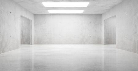 Abstract empty, modern concrete walls room with ceiling lights and shiny floor - industrial interior...