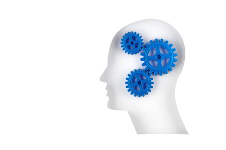 Blue gears cogwheels in human head shape isolated on white background - strategy, creative or business innovation modern minimal concept, 3D illustrationの写真素材