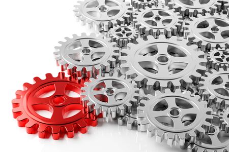 Heap of mechanical gear cogwheels wiith one red key cog over white background - leadership, industry, teamwork, solution or cooperation concept, 3D illustrationの写真素材