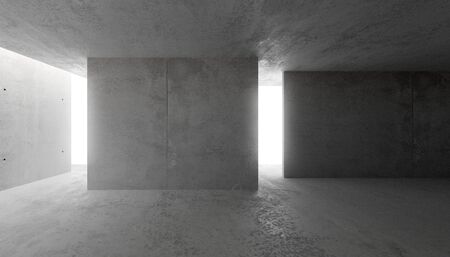 Abstract empty, modern concrete walls room with indirect lit backwall from behind and rough floor - industrial interior or gallery background template, 3D illustrationの写真素材