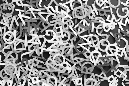 Heap of grey alphabetic character letters texture background flat lay top view from above,...