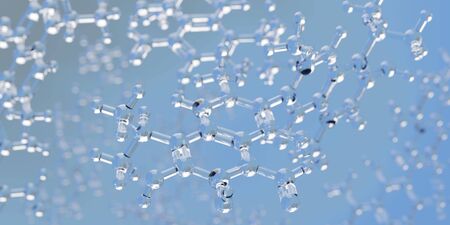 Abstract complex glass molecules floating in blue fluid background with selective focus - 3D...