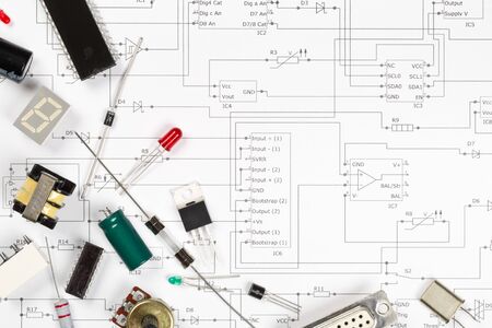 Different electronic parts or components on pcb wiring scheme