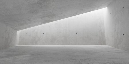 Abstract empty, modern concrete room with indirect lighting from ceiling on back wall and rough...
