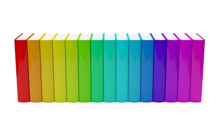 Colorful rainbow colored hardcover books row with blank covers over whiteの写真素材