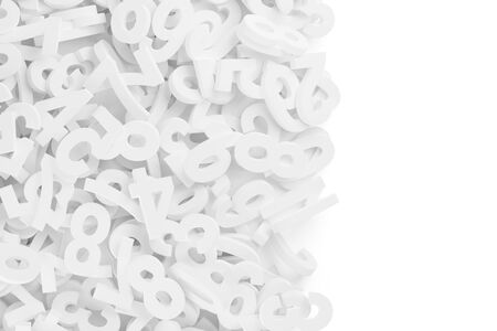 White random digit numbers heap background vertical border top view from above, algebra, education...