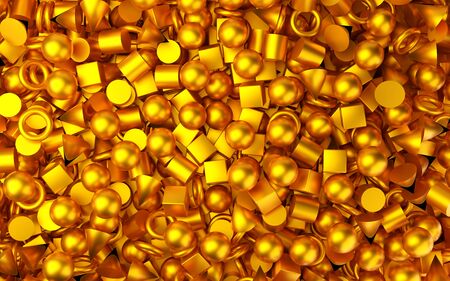 Shiny, metallic gold geometric primitives background with cubes, cones, spheres and tori top view flat lay from above, 3D illustrationの写真素材