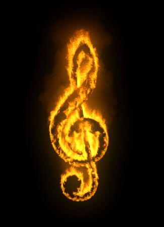 Music treble clef symbol burning with red hot flames and smoke on black background, 3D illustrationの写真素材