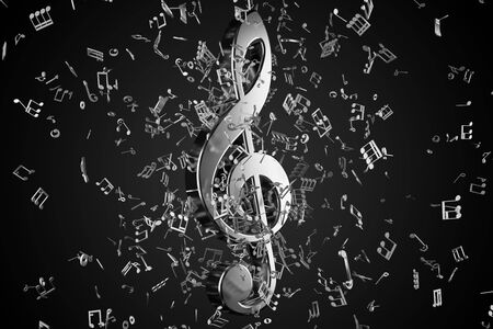 Silver metallic music treble clef symbol with musical notes flying around it on black background - 3D illustrationの写真素材
