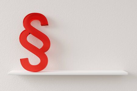 Red glass section sign on white shelf on wall background, law, justice or legal concept with copy space, 3D illustrationの写真素材