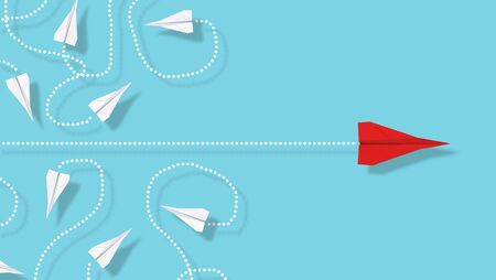Red paper plane emerge from group of chaotic flying white paper planes on blue background, business...