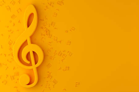 Music treble clef symbol with musical notes flat lay top view from above on yellow background with copy space - 3D illustrationの写真素材