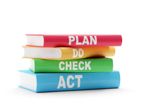 PDCA, plan - do - check - act, scheme on red, yellow, green and blue books over white background,...