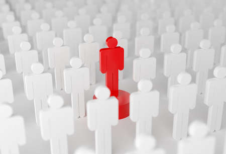 Red figure standing out from group of white figures on white background, leadership, teamlead, success or winner concept, 3D illustrationの写真素材