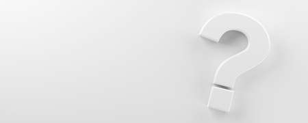 White question mark symbol on white floor flat lay top view from above with copy space, question,...