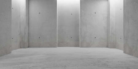 Abstract empty, modern concrete walls room with indirect lit backwall with opening and rough floor - industrial interior or gallery background template, 3D illustrationの写真素材