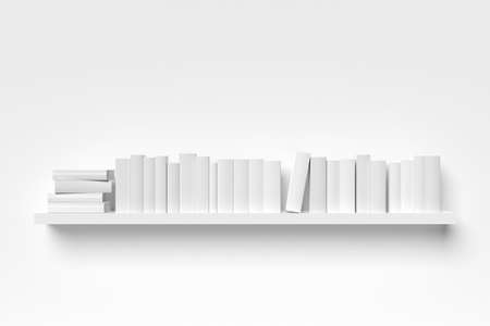 Single book shelf with white books on white wall, literature, book collection or bookshop concept, 3D illustrationの写真素材