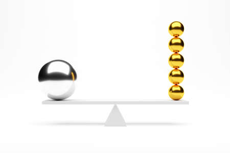 Many smaller golden and single silver chrome spheres in equilibrium on seesaw over white background,...