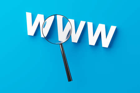 Magnifying glass or loupe enlarging the word www over white background, internet or web search...