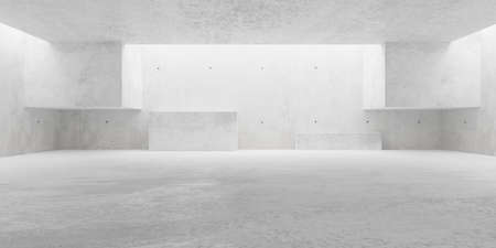 Abstract empty, modern concrete room with indirect lighting from top and cubes at the backwall -...