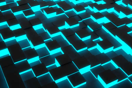 Random shifted black cubes geometrical pattern background with blue glow, minimal futuristc technology background template, 3D illustrationの写真素材