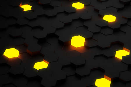 Random shifted black honeycomb hexagon geometrical pattern background with yellow glow, minimal...