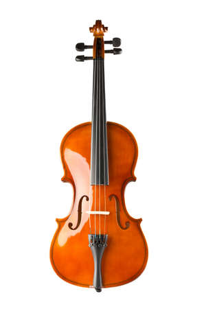 Brown wooden fiddle or violin, classic musical instrument, isolated on white background, selective...