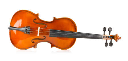 Side view of brown wooden fiddle or violin, classic musical instrument, over white backgroundの写真素材