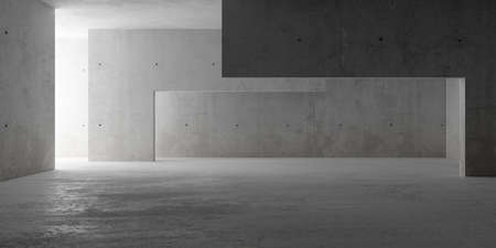 Abstract empty, modern concrete room with indirect lighting from side wall, room dividers and rough floor - industrial interior background template, 3D illustrationの写真素材