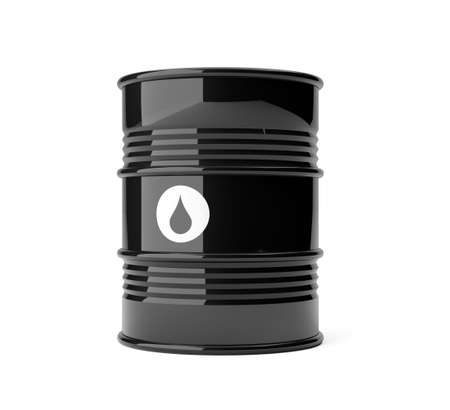 Single black metal oil barrel with drop symbol over white background, 3D illustrationの写真素材