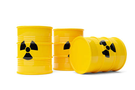 Three yellow radioactive waste drum barrels stack with warning symbol over white background, 3D illustrationの写真素材