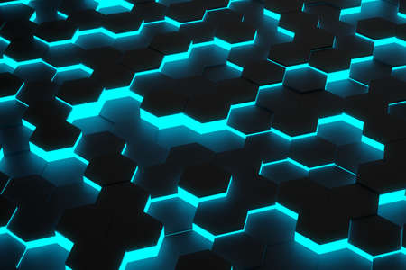 Random shifted black honeycomb hexagon geometrical pattern background with blue glow, minimal...