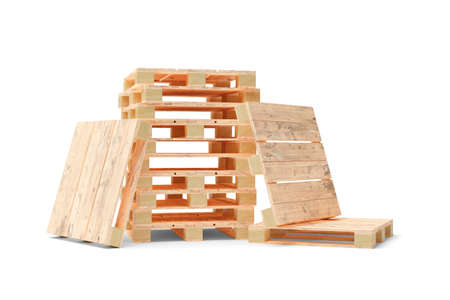 Heap of wooden transport or freight pallets with one pallet leaning against it over white background, industrial transportation or shipment concept, 3D illustrationの写真素材